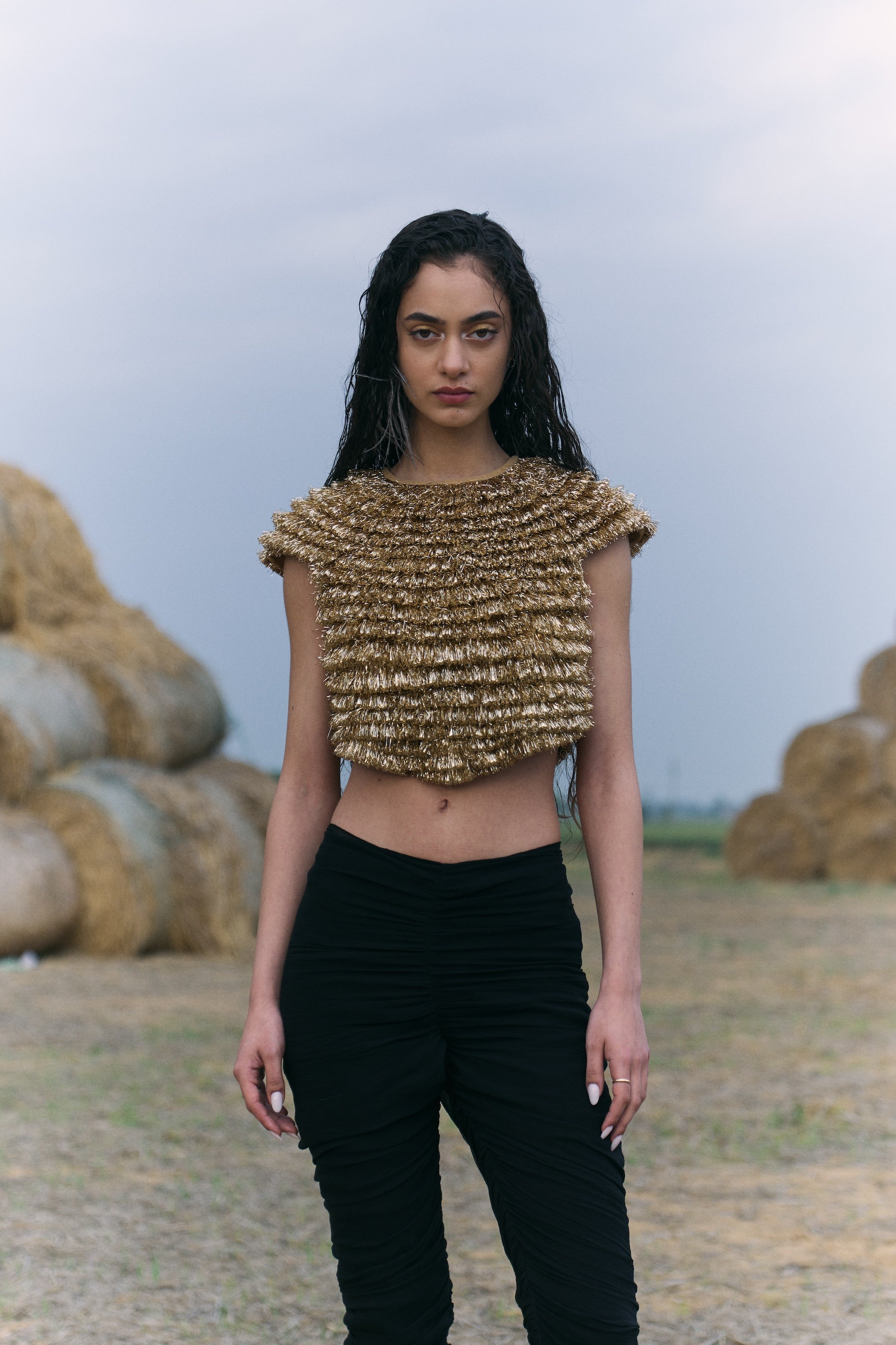 Golden Kiran Cropped Top and Black Capri Pants