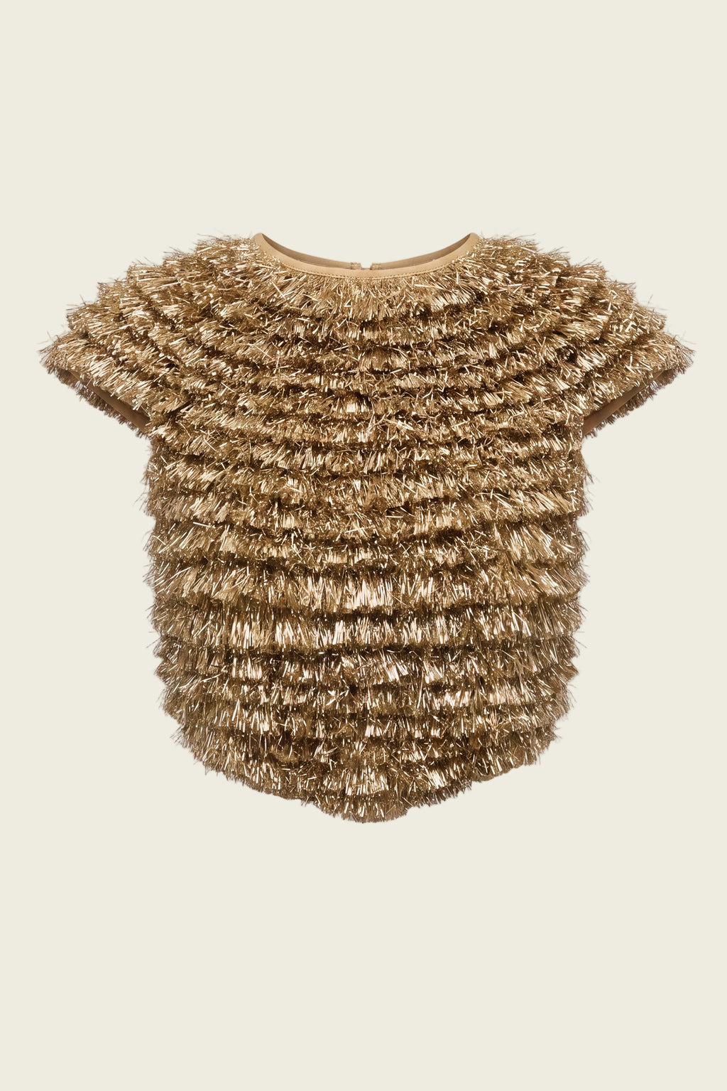 A short-sleeve top with a textured, layered ruffled fabric in a metallic gold and beige colorway, shown against a plain white background.