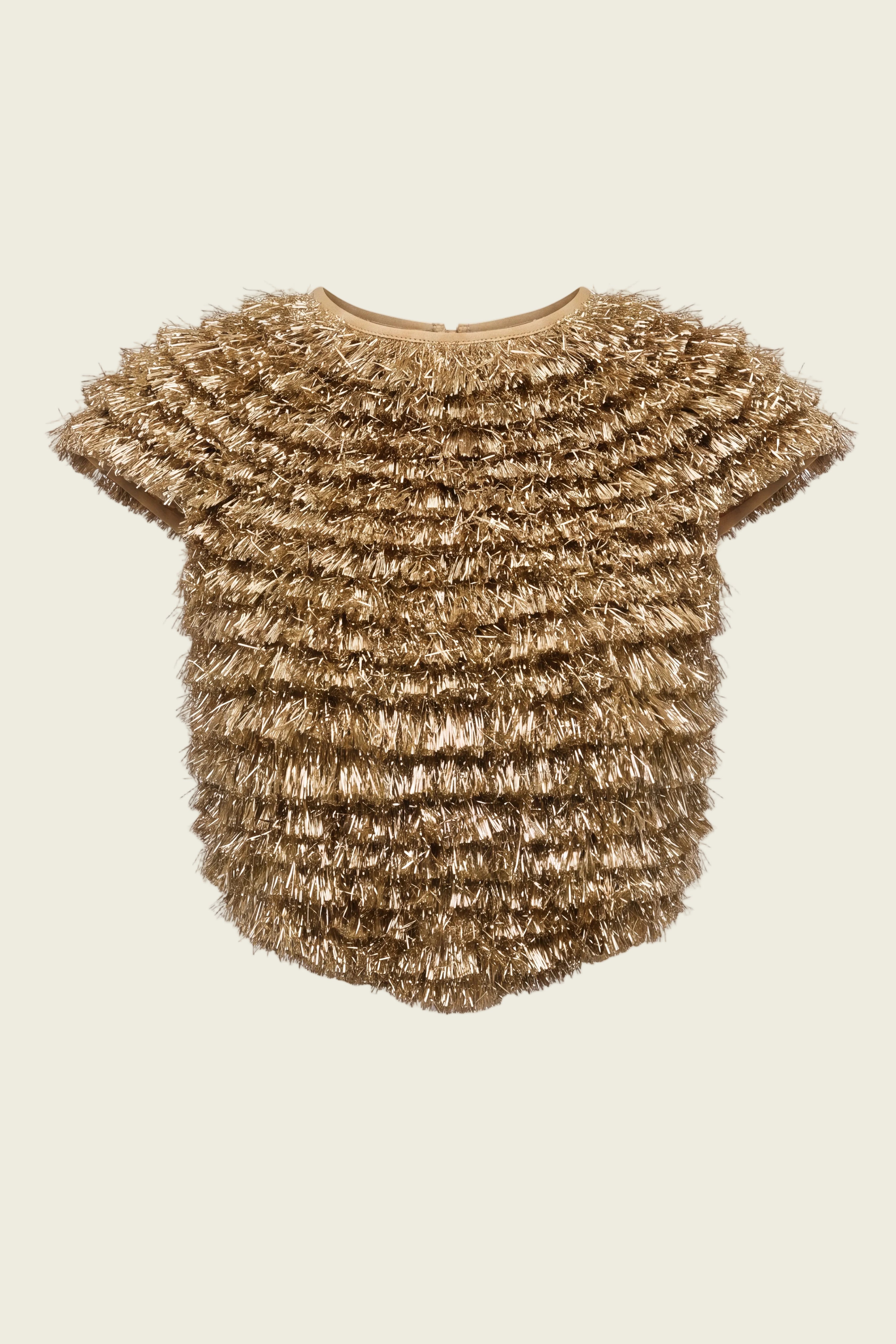 A short-sleeve top with a textured, layered ruffled fabric in a metallic gold and beige colorway, shown against a plain white background.