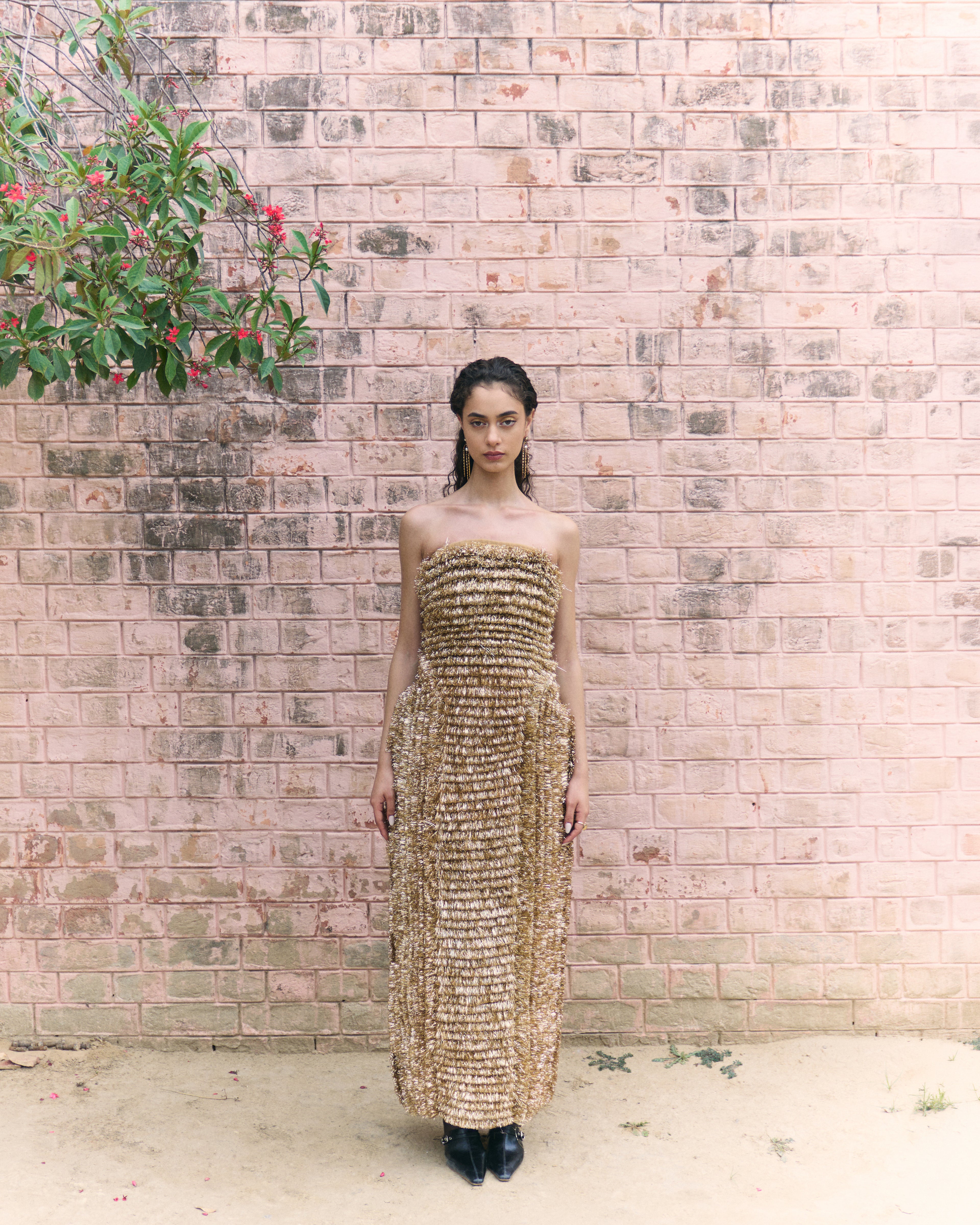 Golden evening dress made of traditional indian Kiran