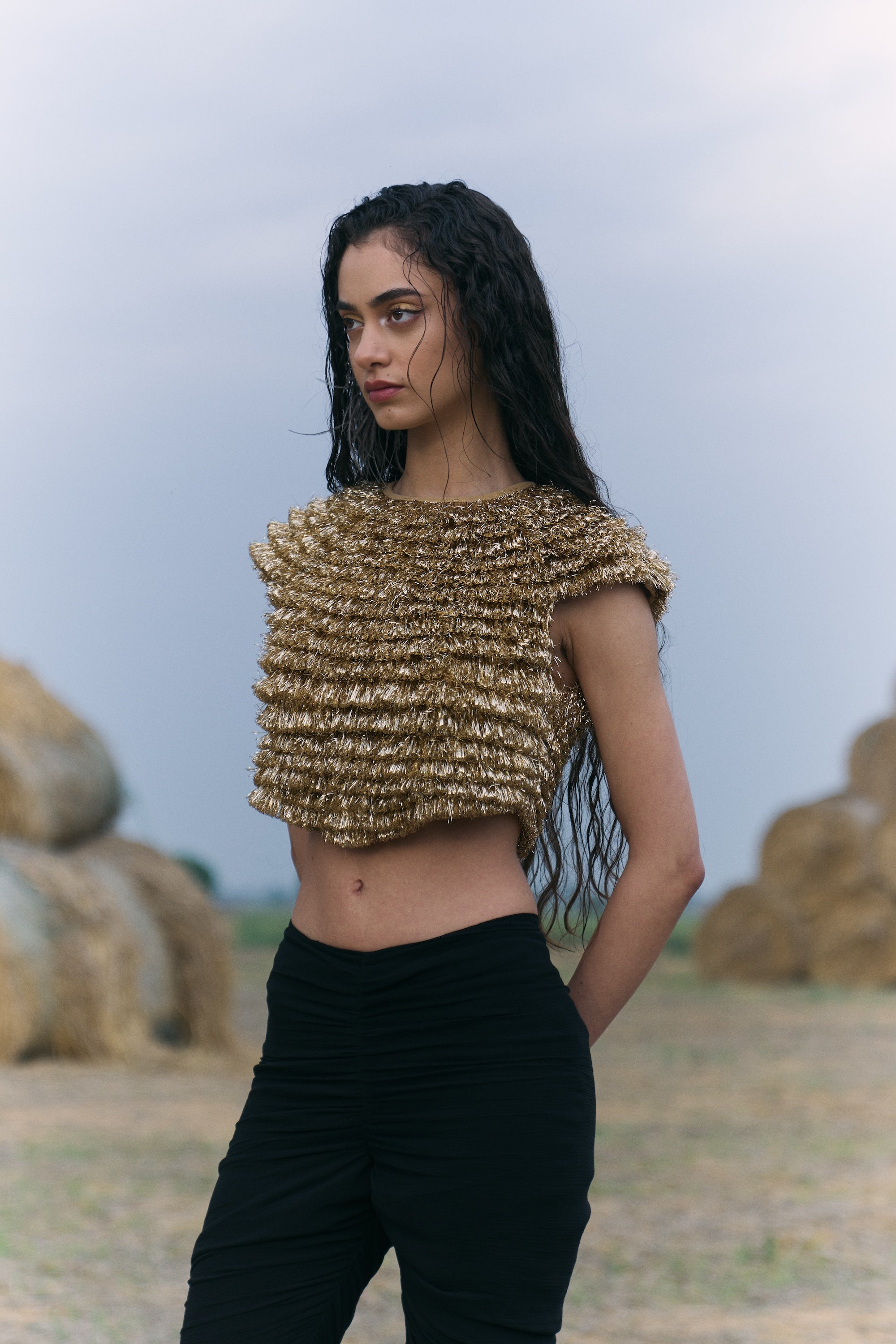 Golden Kiran Cropped Top and Black Capri Pants