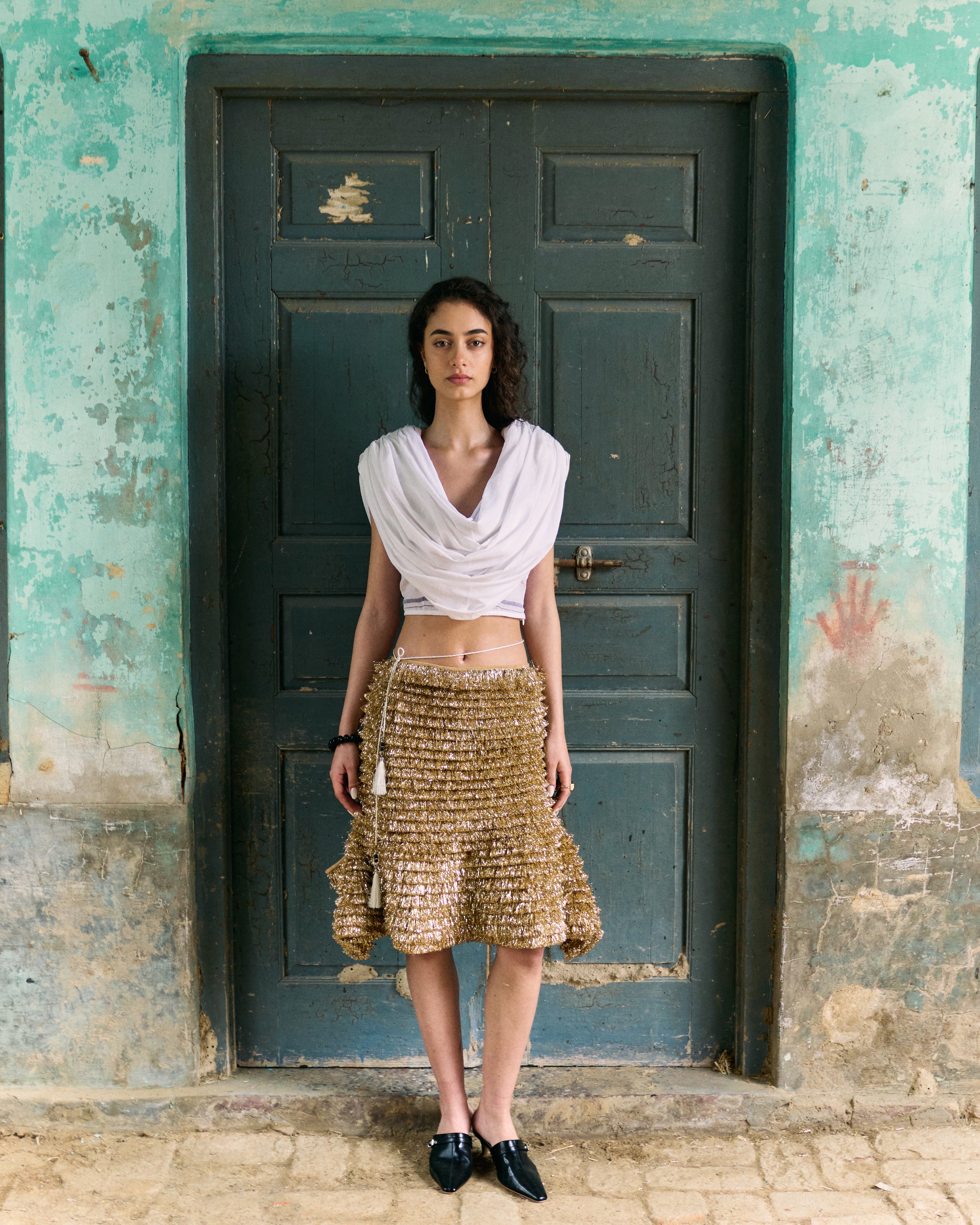 Golden Kiran Midi Skirt and White handwoven cotton top