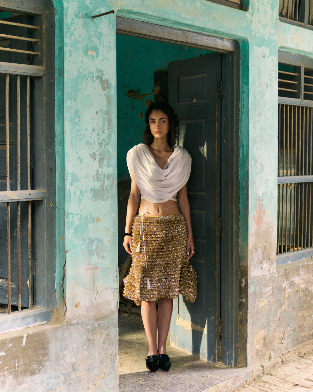Golden Kiran Midi Skirt and White handwoven cotton top
