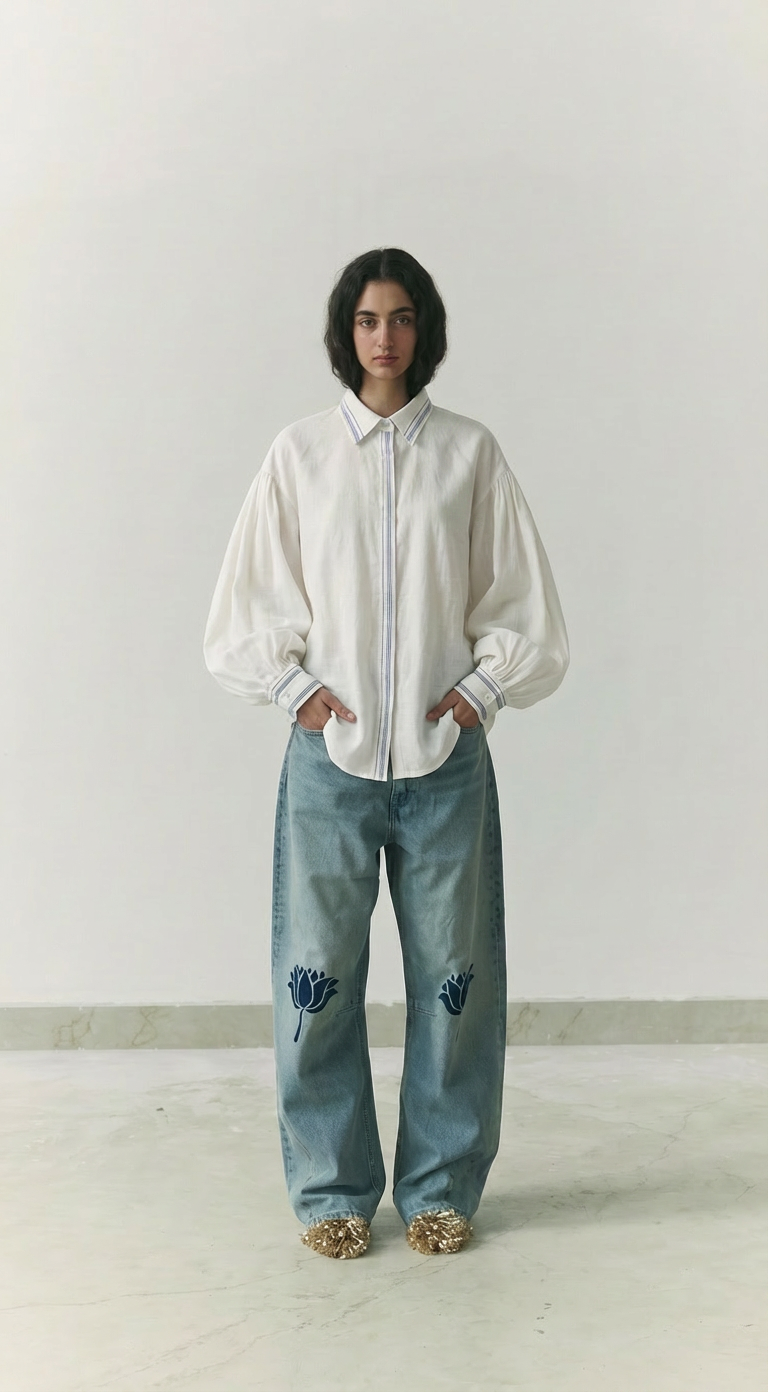 White handwoven cotton dhoti shirt with ballon sleeves