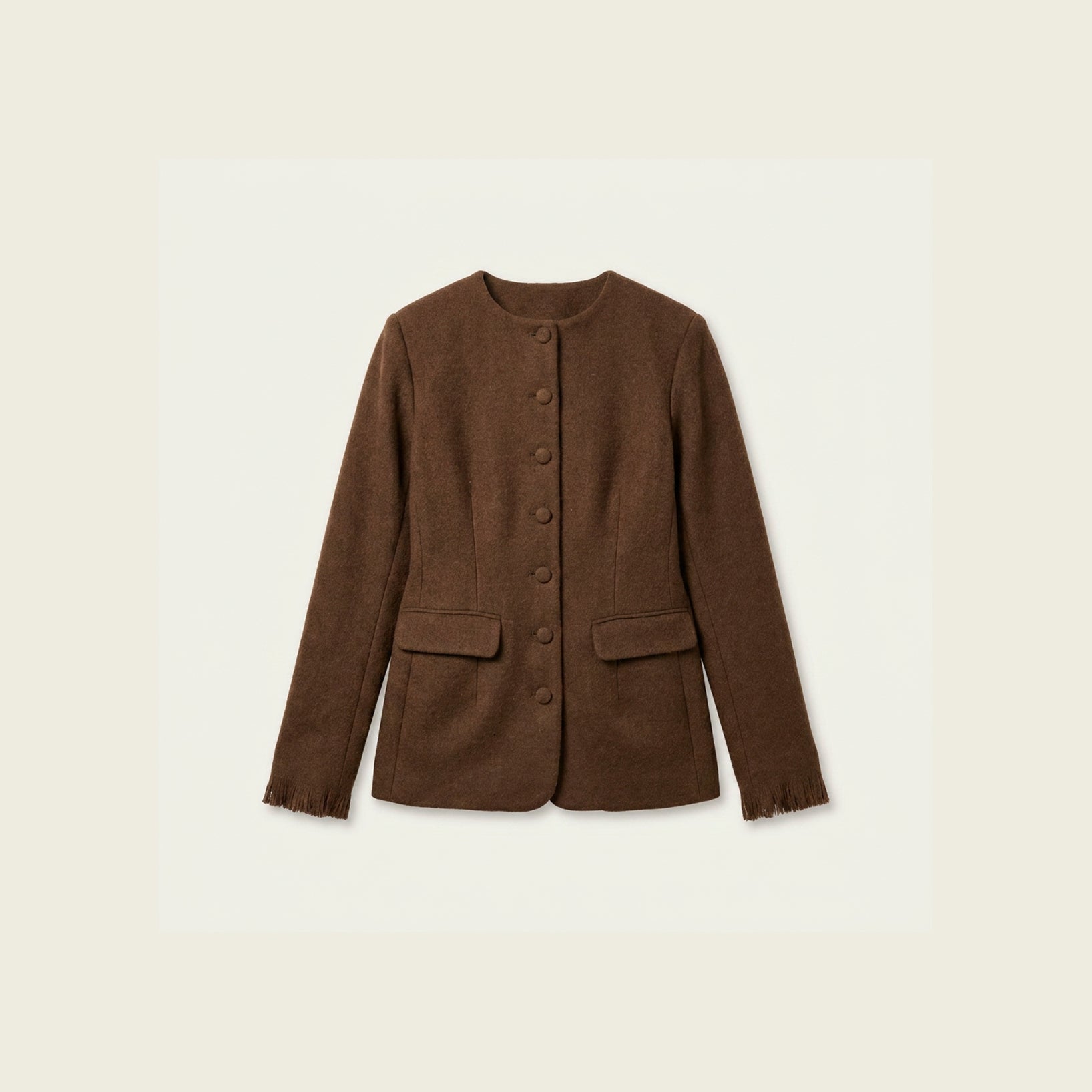 Brown handwoven wool jacket with button details on a beige background