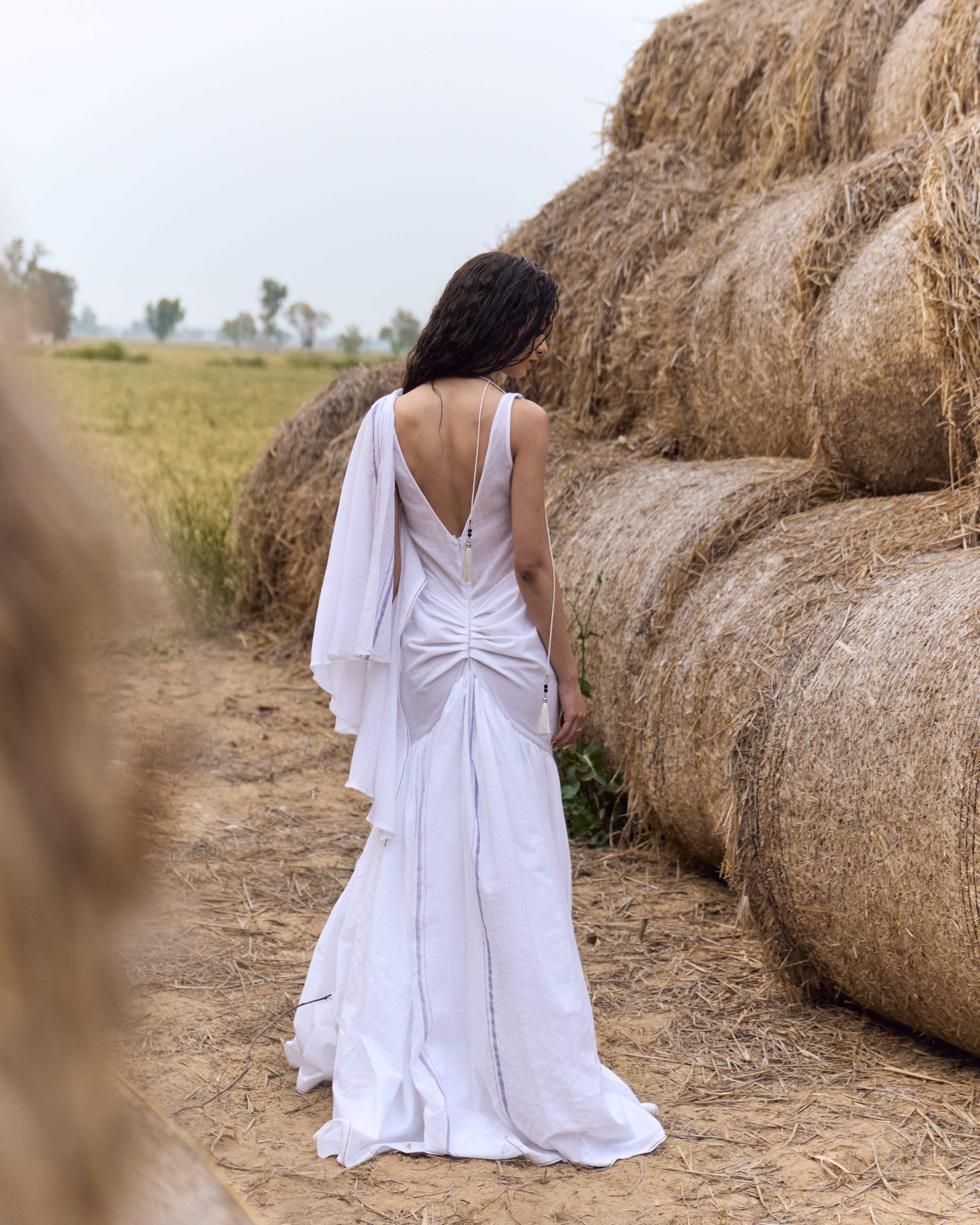 White Handwoven Khadi Cotton Dhoti Draped Dress