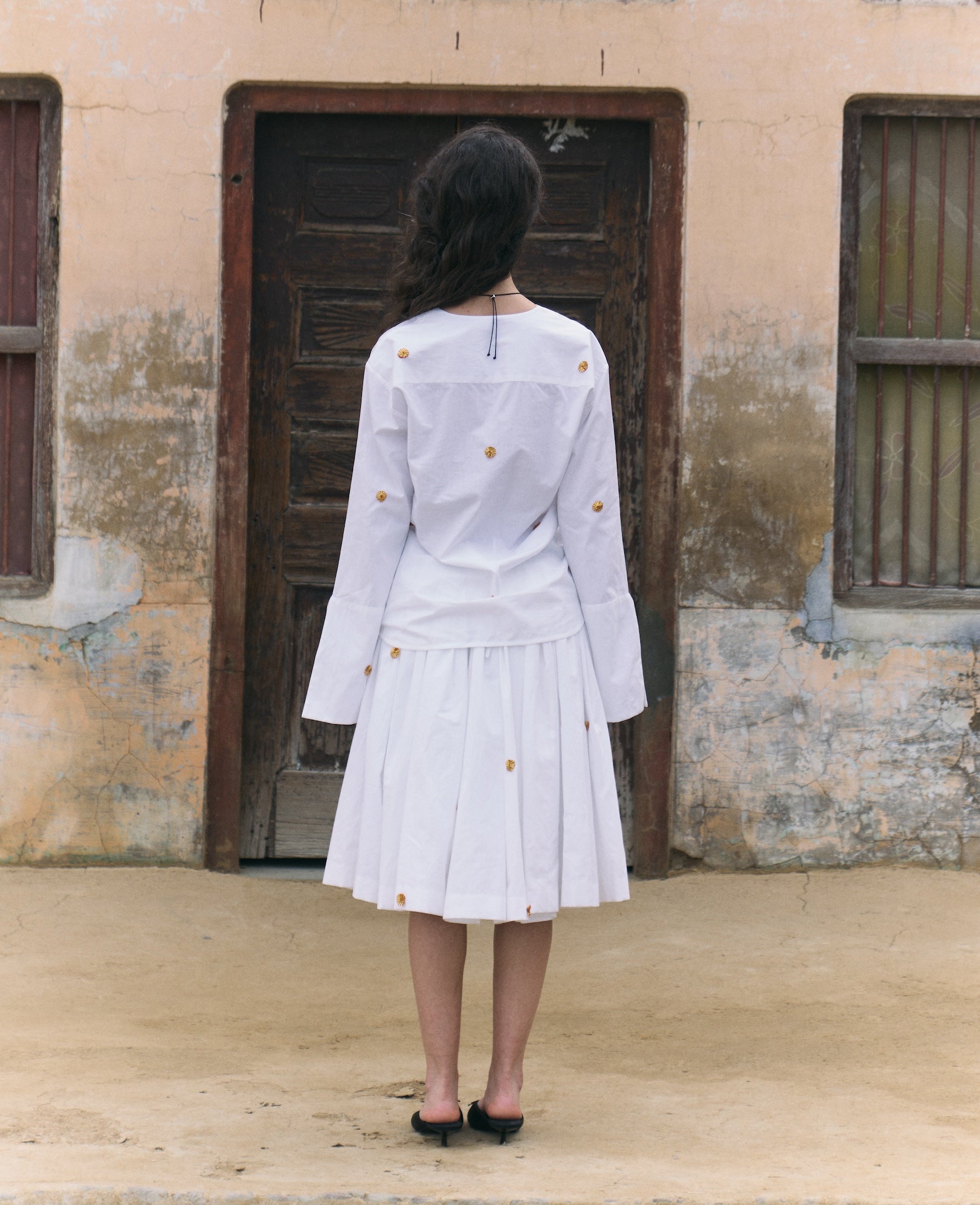 White pleated handwoven cotton skirt  and White handwoven cotton top