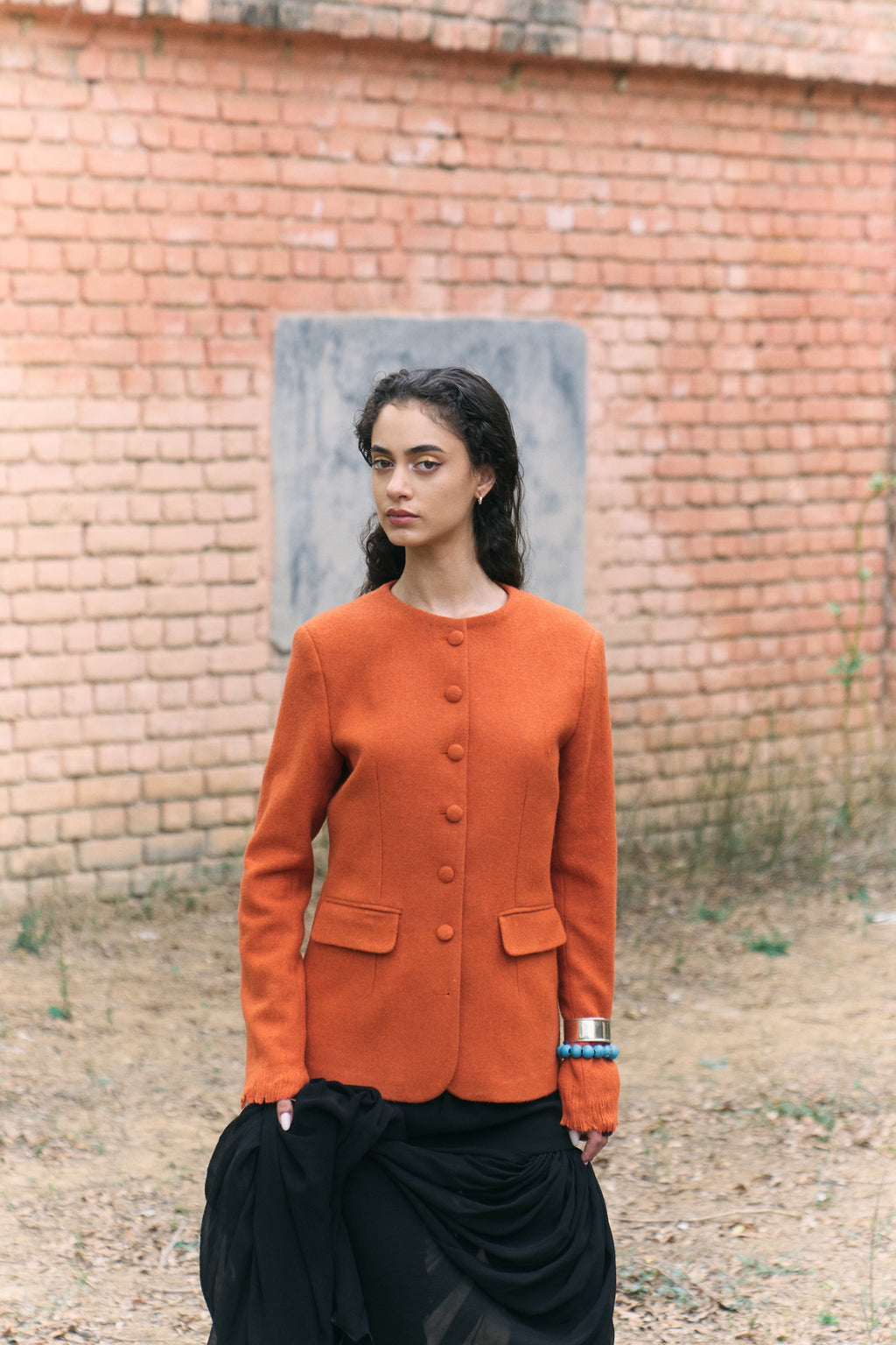 Handwoven Khadi Wool Orange Jacket and Black Gathered Chiffon Long Skirt
