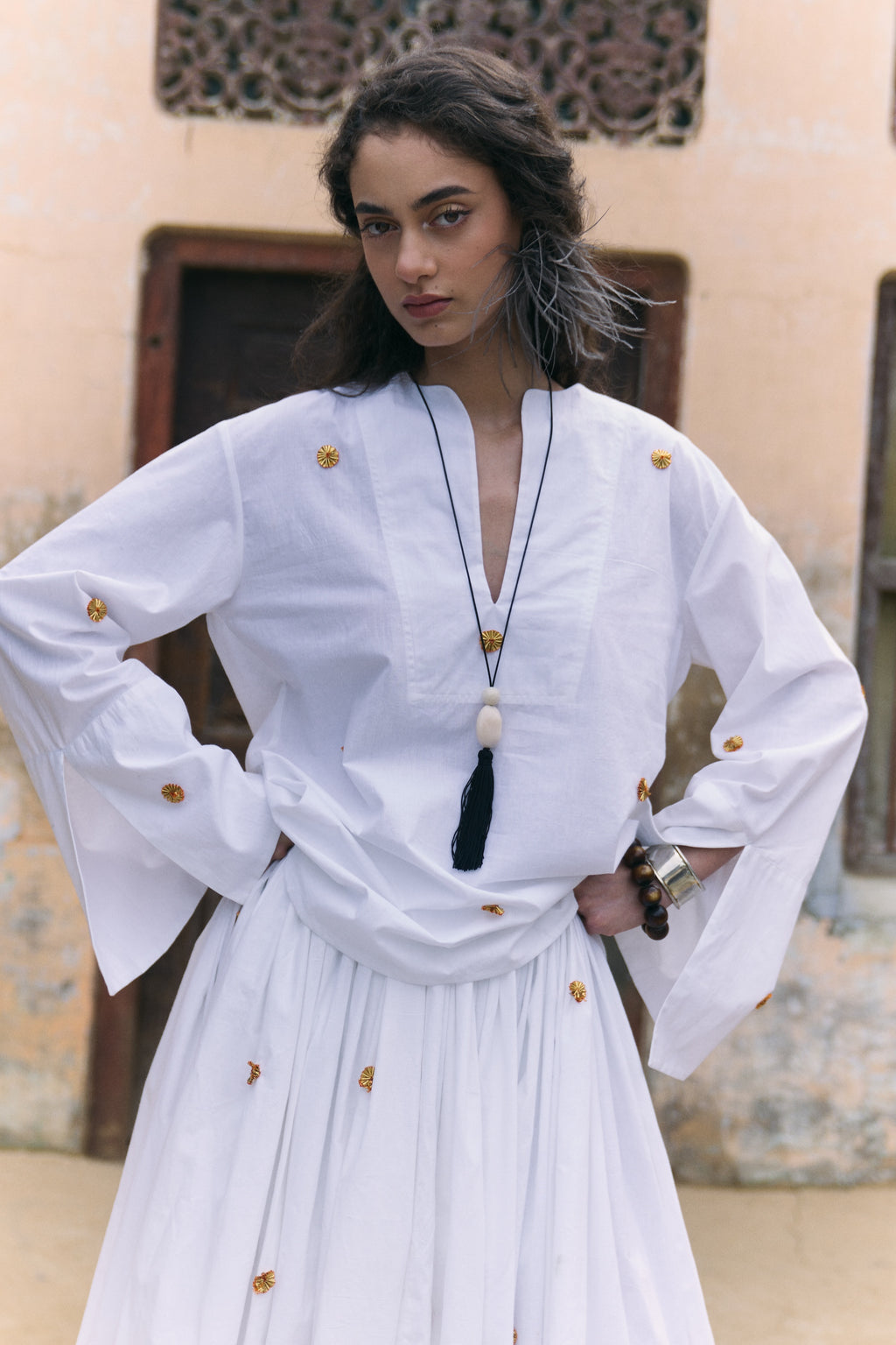 White pleated handwoven cotton skirt  and White handwoven cotton top