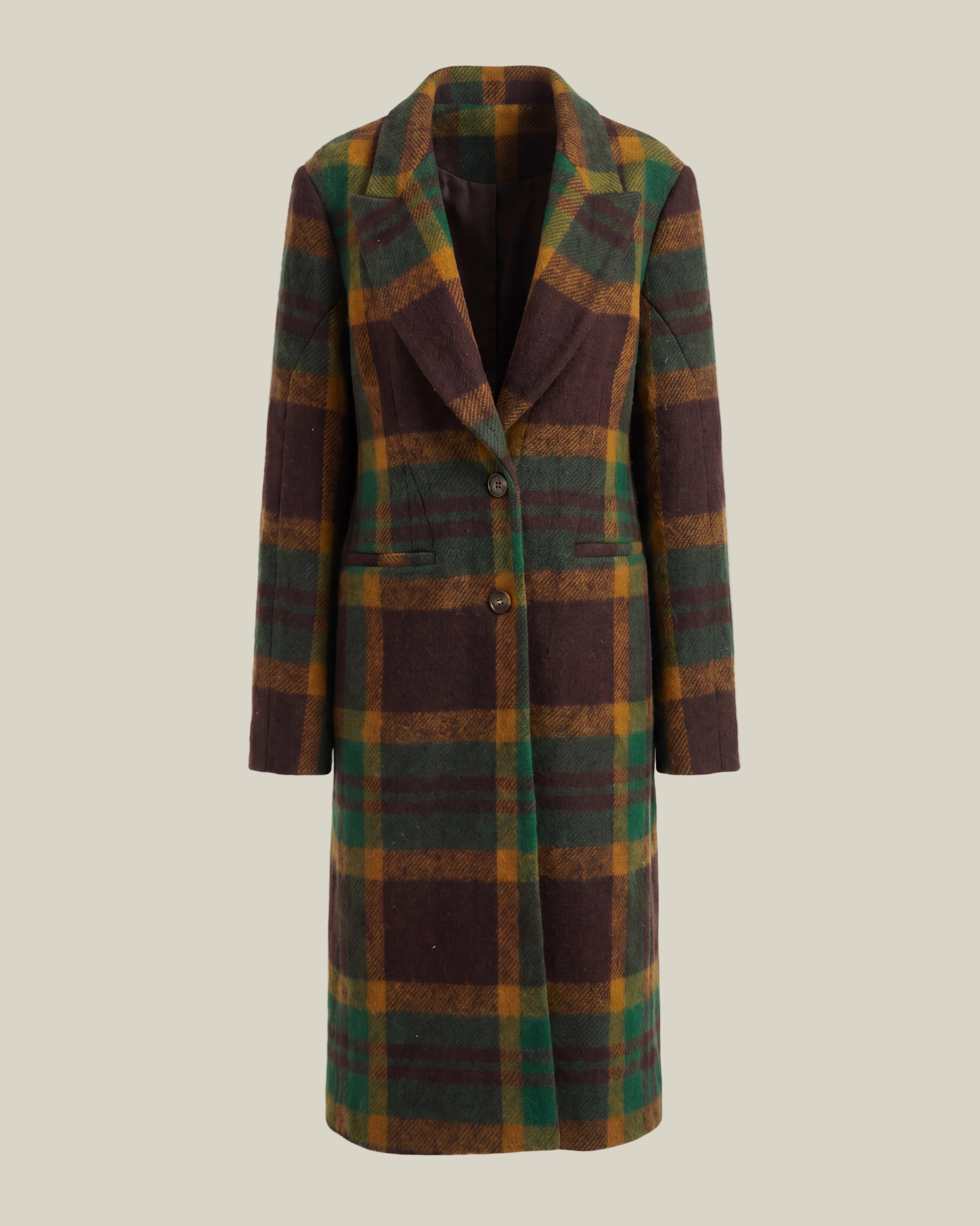 A long-line plaid coat in dark brown, forest green, and mustard yellow, shown against a plain white background.