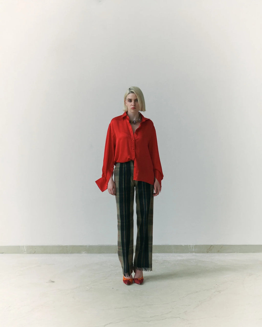 Khadi Kambal Fringe Wool Trousers Red Silk Shirt