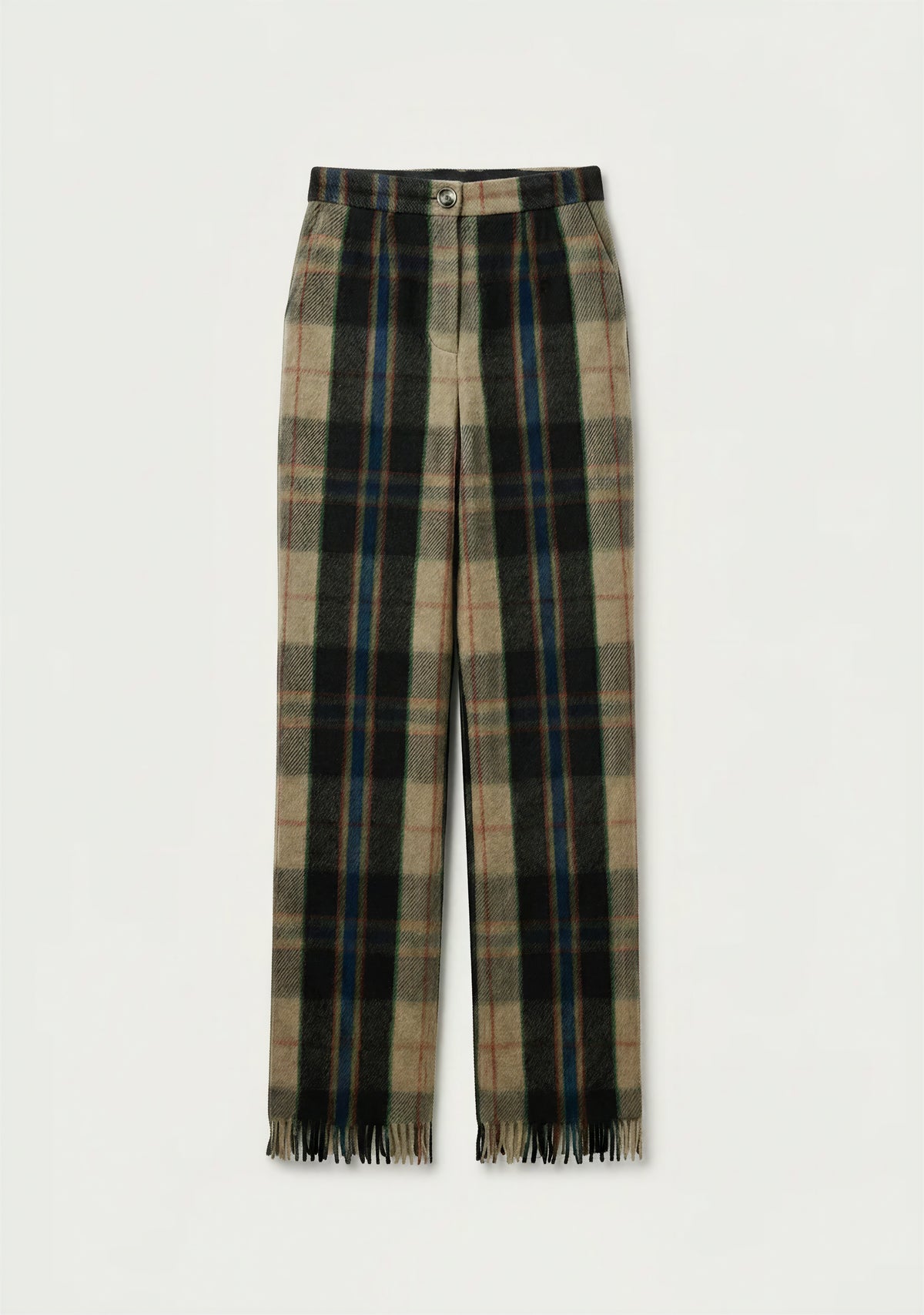 A pair of wide-leg trousers featuring a classic plaid pattern in beige, black, and green, with thin blue accent stripes and a fringed hem, shown against a plain light background.