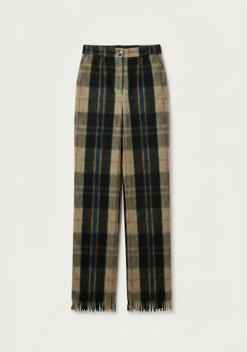 A pair of wide-leg trousers featuring a classic plaid pattern in beige, black, and green, with thin blue accent stripes and a fringed hem, shown against a plain light background.