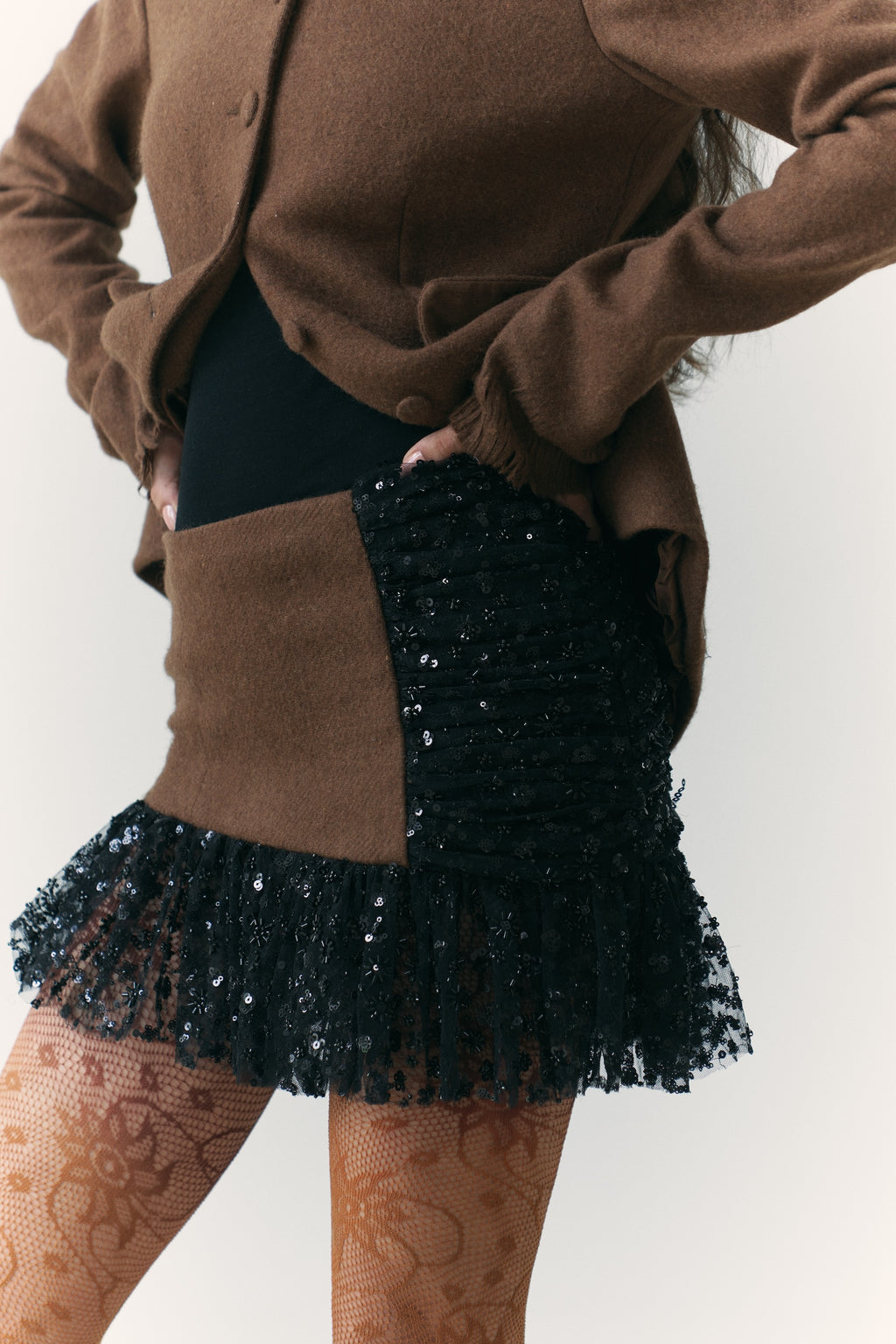Khadi Wool Embroidered Mini Skirt Handwoven Brown Khadi Wool Jacket