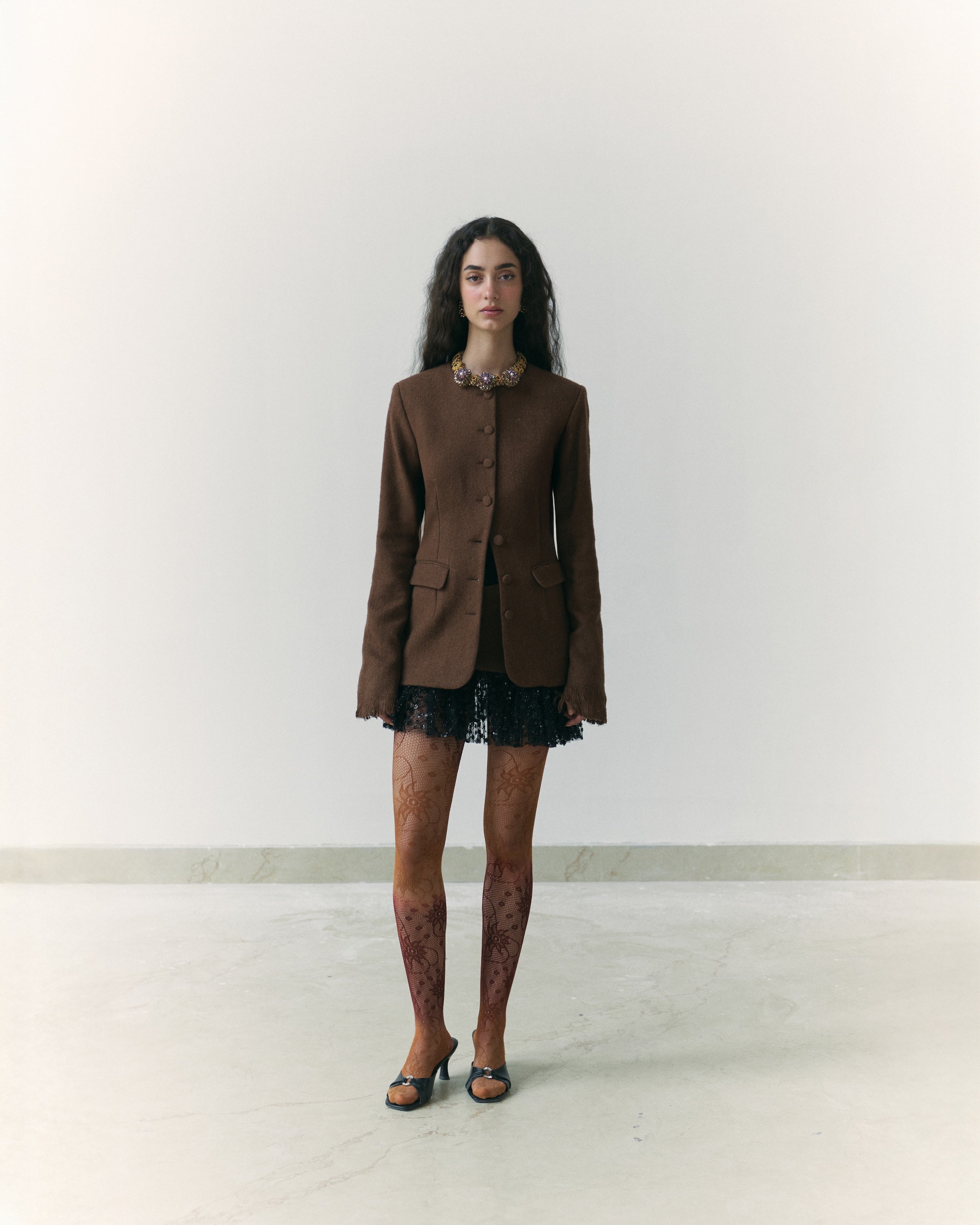 Khadi Wool Embroidered Mini Skirt Handwoven Brown Khadi Wool Jacket