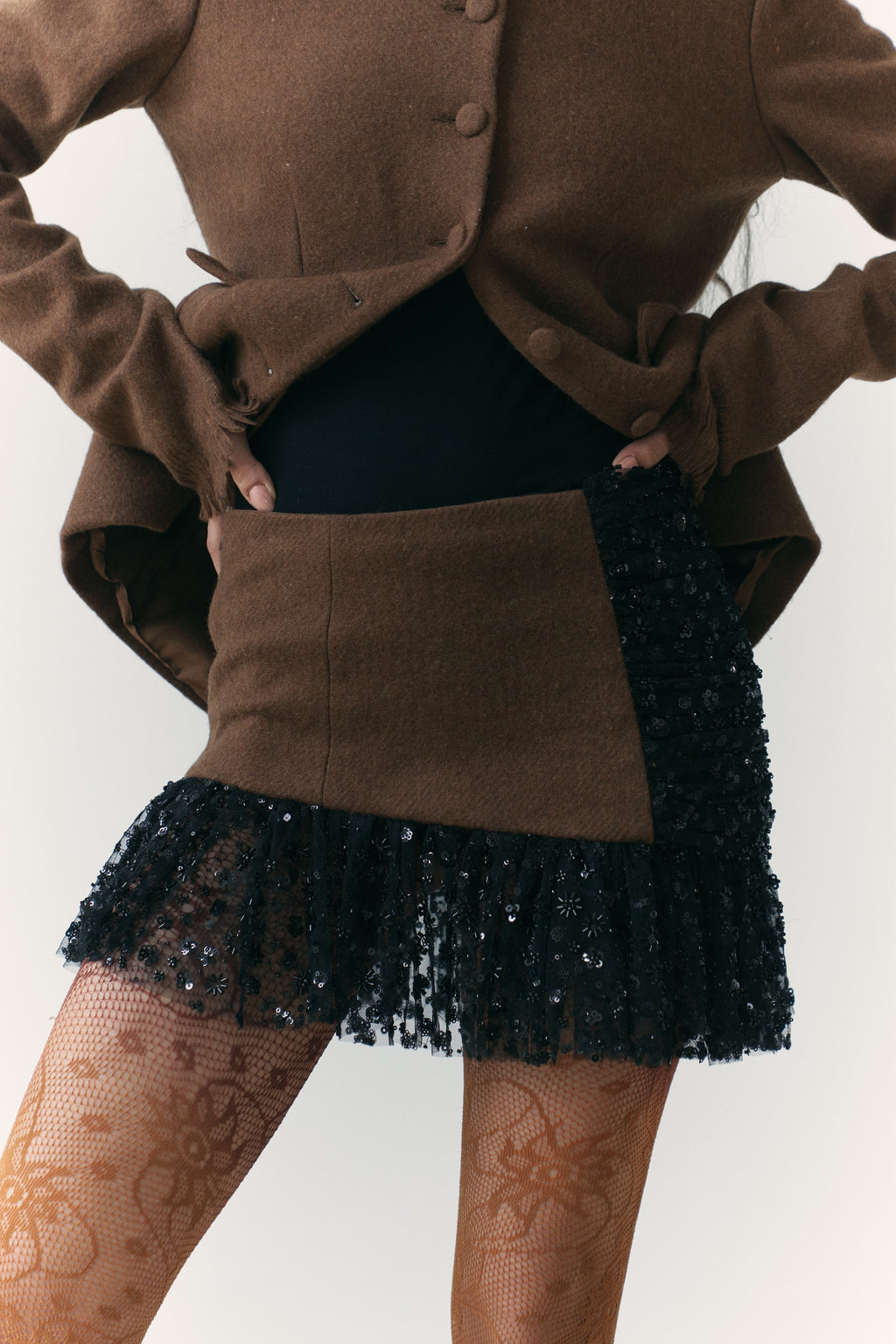 Khadi Wool Embroidered Mini Skirt Handwoven Brown Khadi Wool Jacket