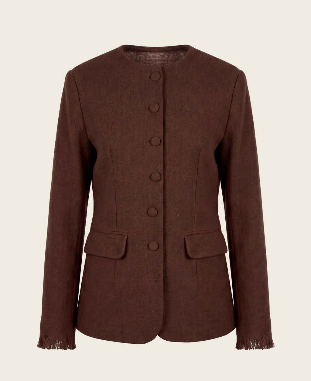 A brown wool-blend jacket with a round neckline, front button closure, flap pockets, and fringed cuffs, shown against a plain white background.