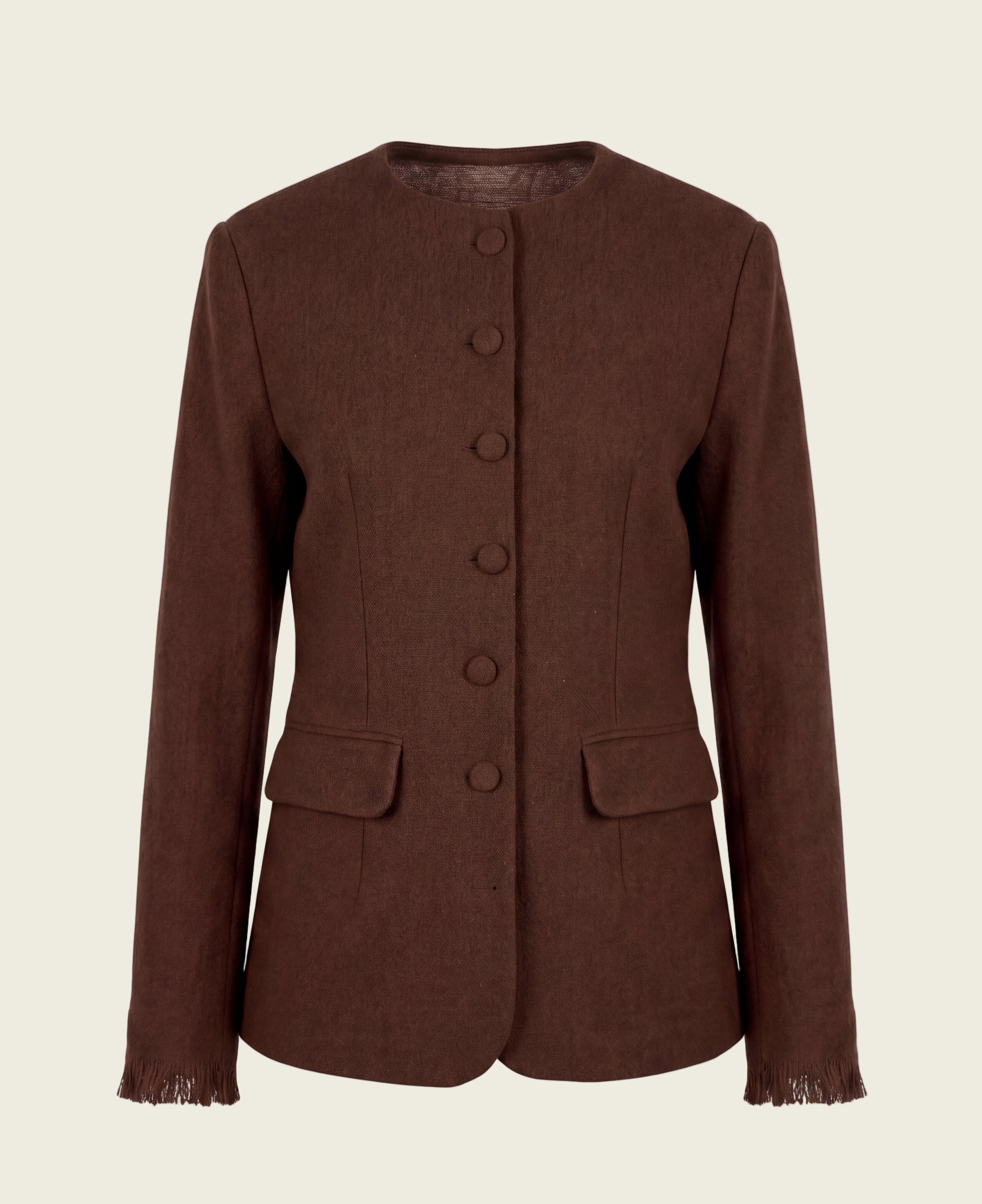 A brown wool-blend jacket with a round neckline, front button closure, flap pockets, and fringed cuffs, shown against a plain white background.