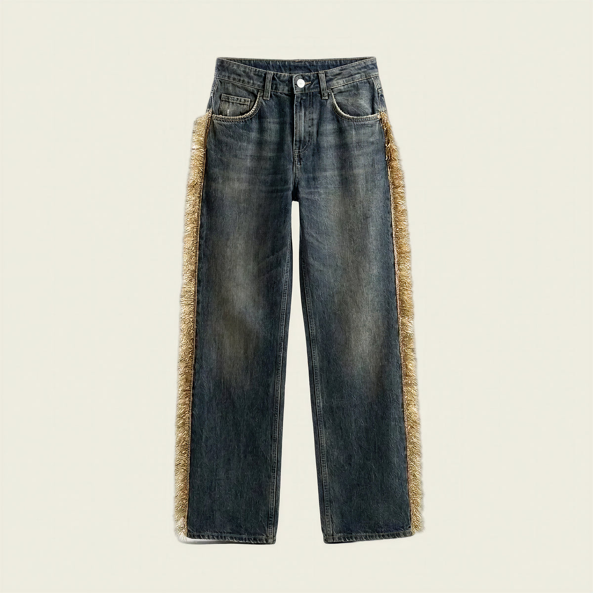 Dark blue denim jeans with a beige faux-fur trim running down the outer sides of the legs, shown flat against a light cream background.