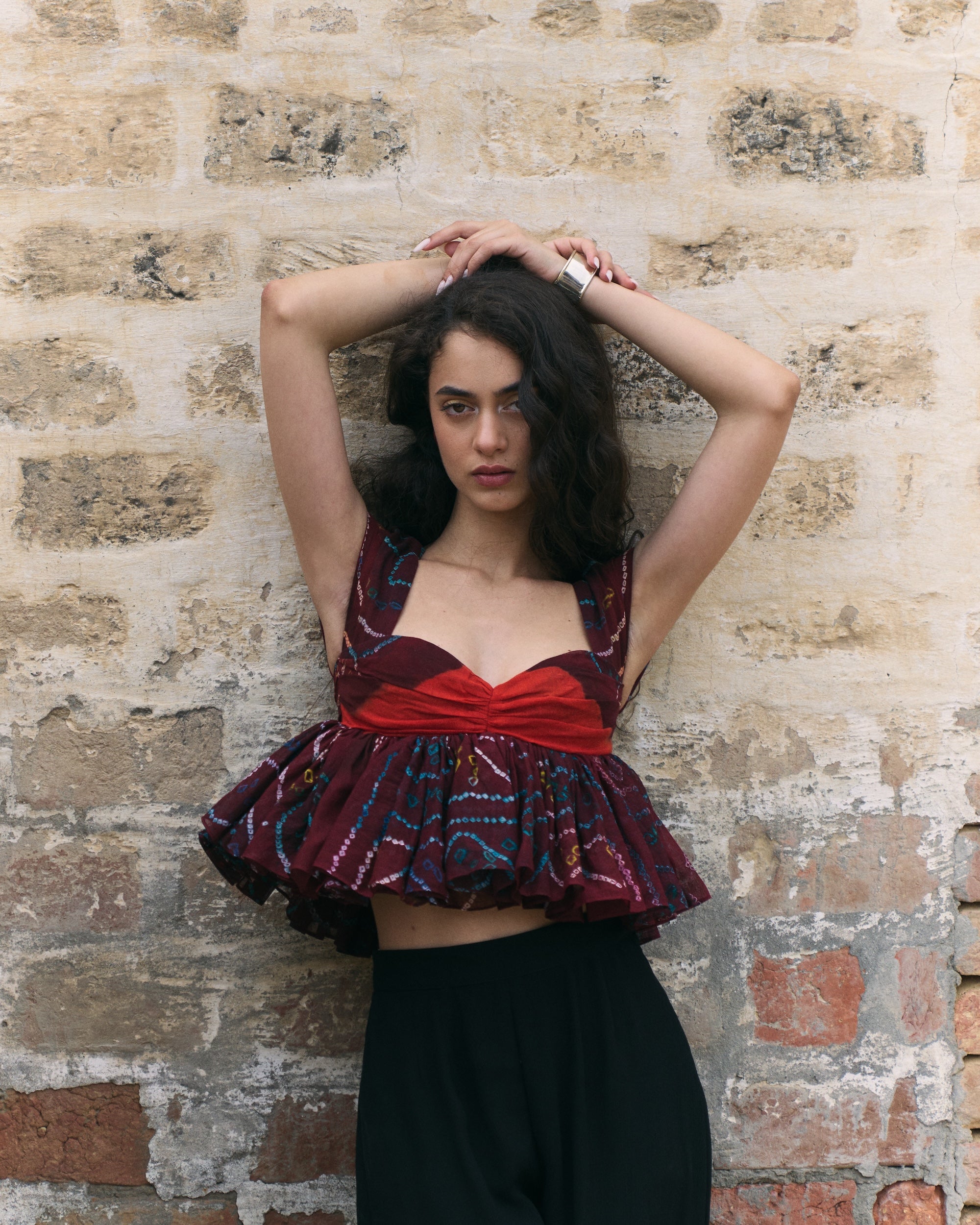 Red Patterned Tie Dye Odhni Crop Top and Black Ciffon Trousers