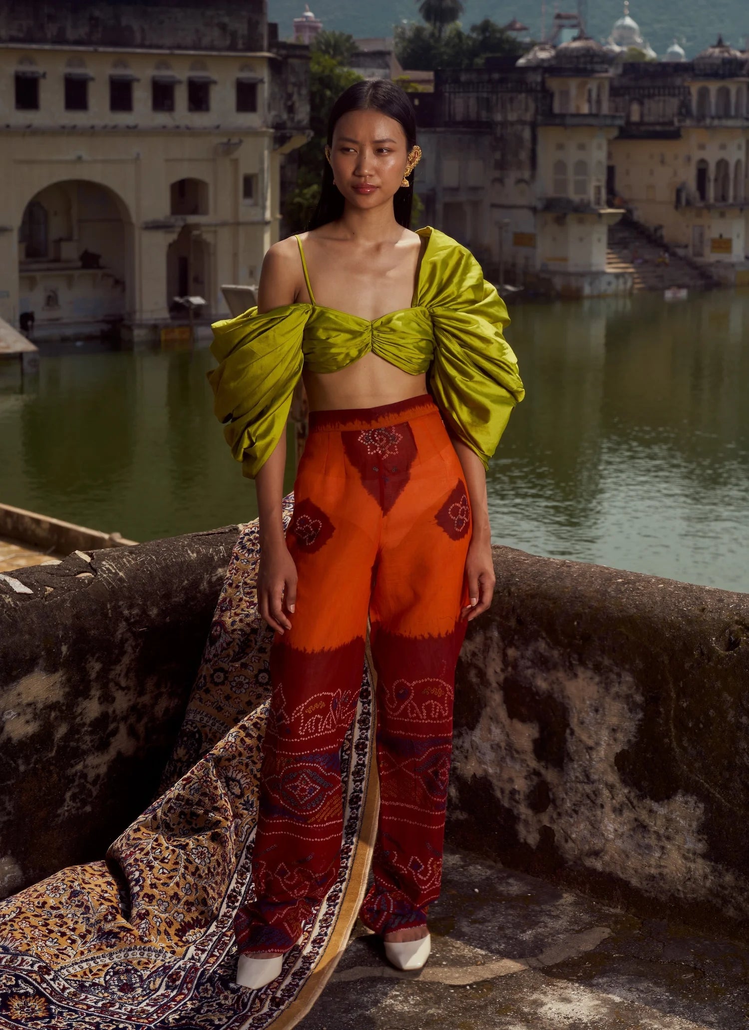 Odhani Patterned Orange Red Cotton Trousers