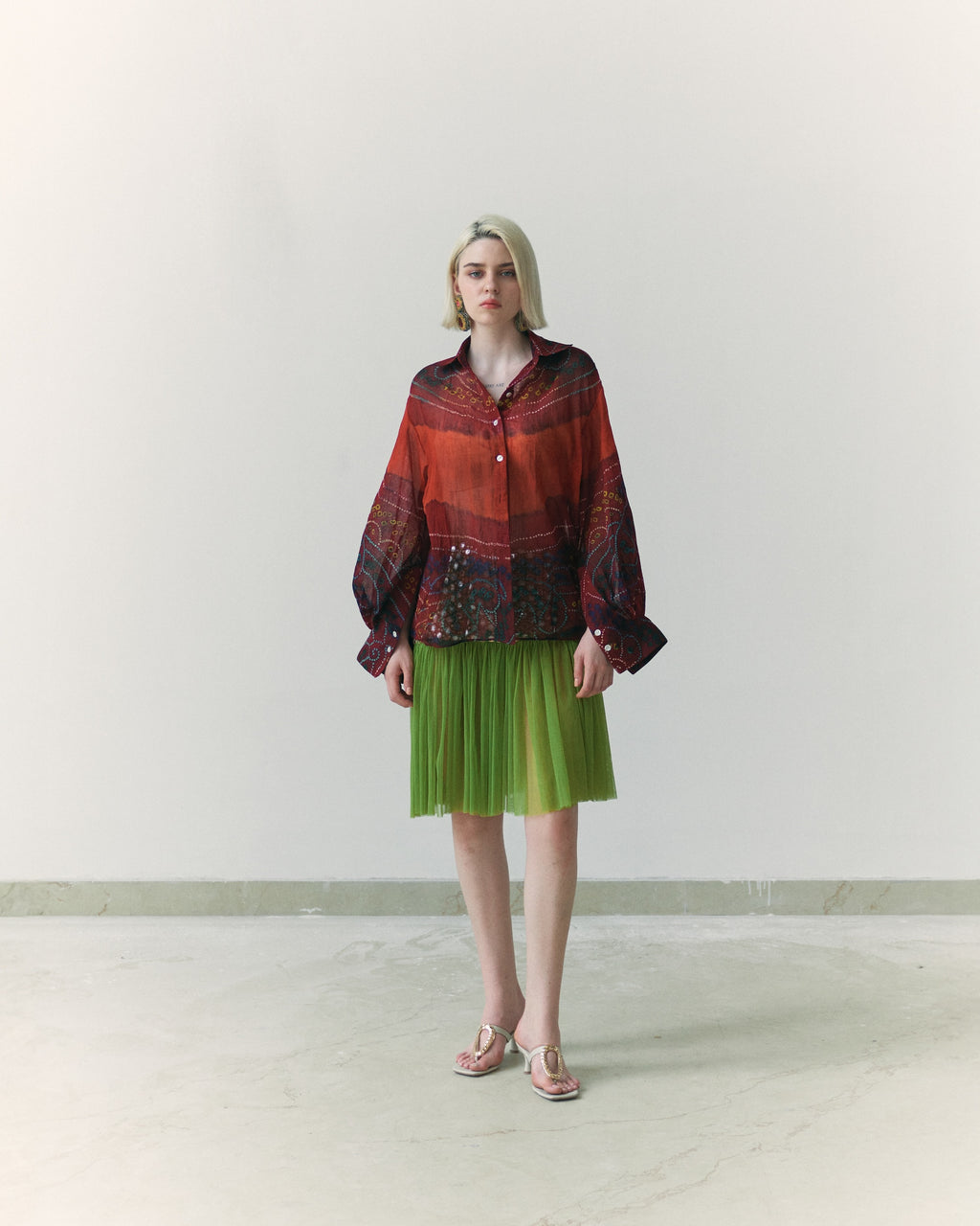 Red and Brown Patterned Odhni Shirt
