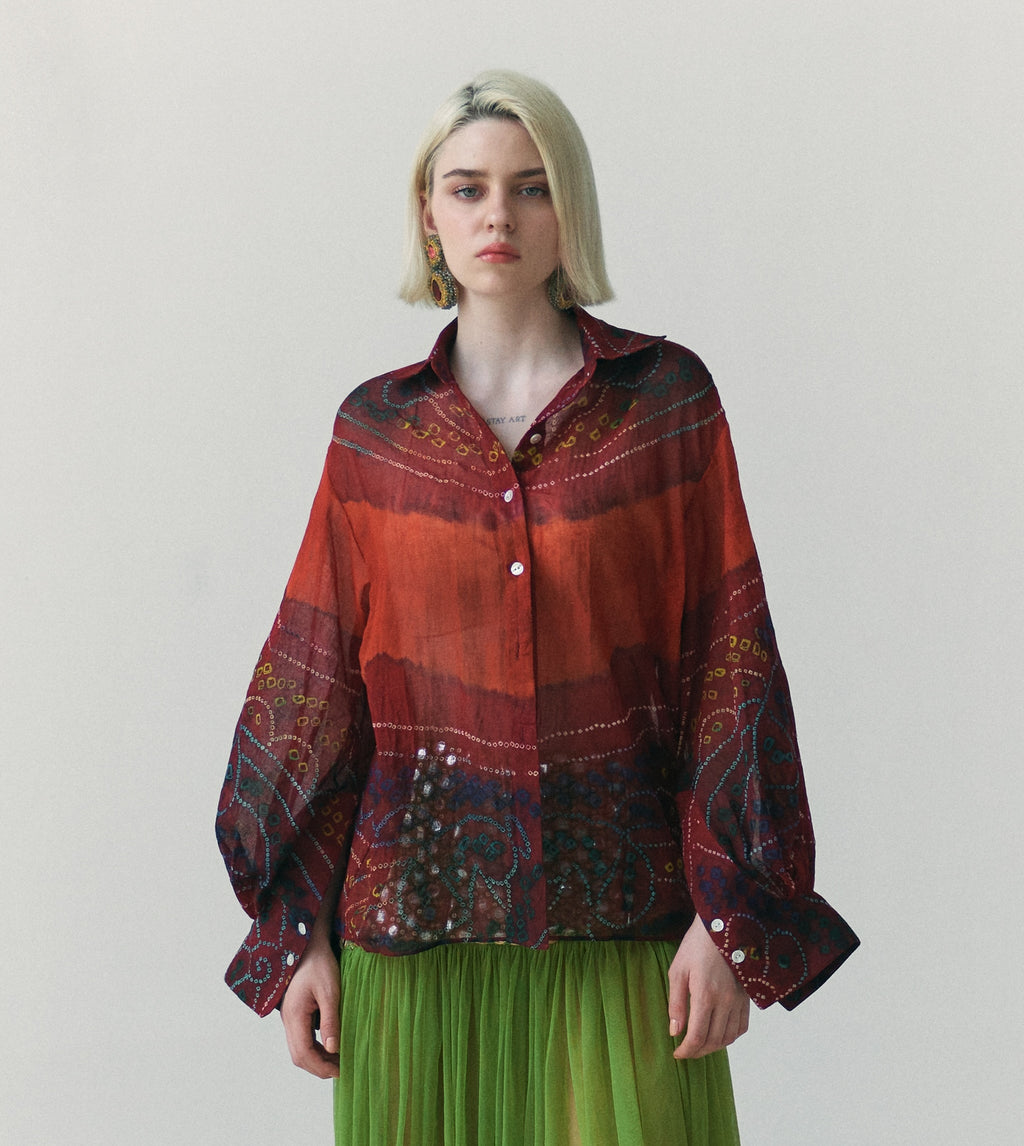 Red and Brown Patterned Odhni Shirt