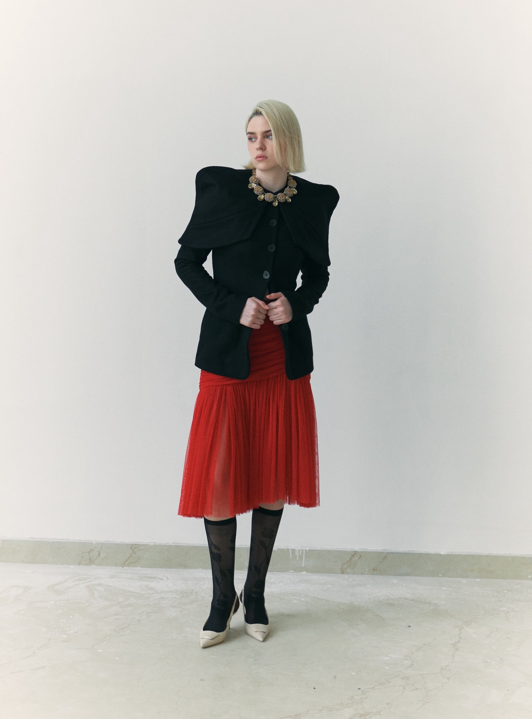 Red Gathered Skirt  Nlack Wool Panel jacket