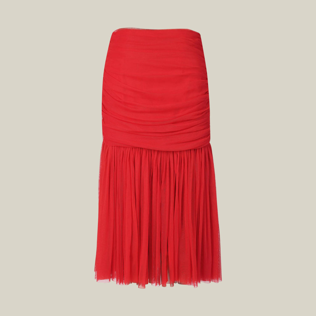 Red Gathered Skirt  Nlack Wool Panel jacket