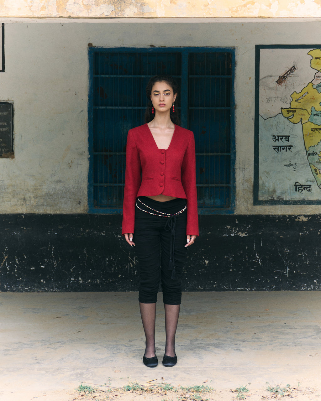 Red Hand Woven Khadi Wool Jacket and Black Ruched Trousers