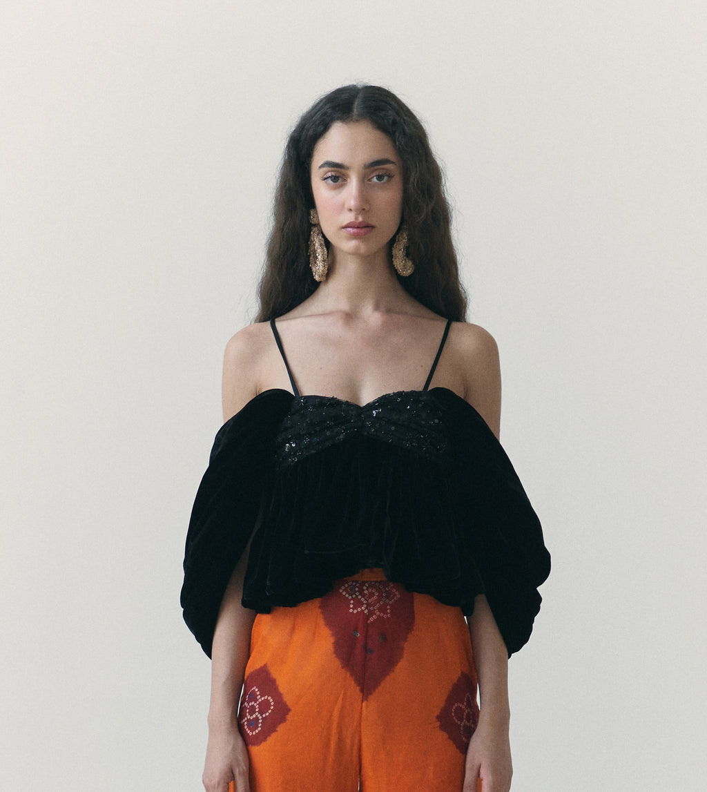 Black Velvet Embroidered Top Odhni Cotton Trousers