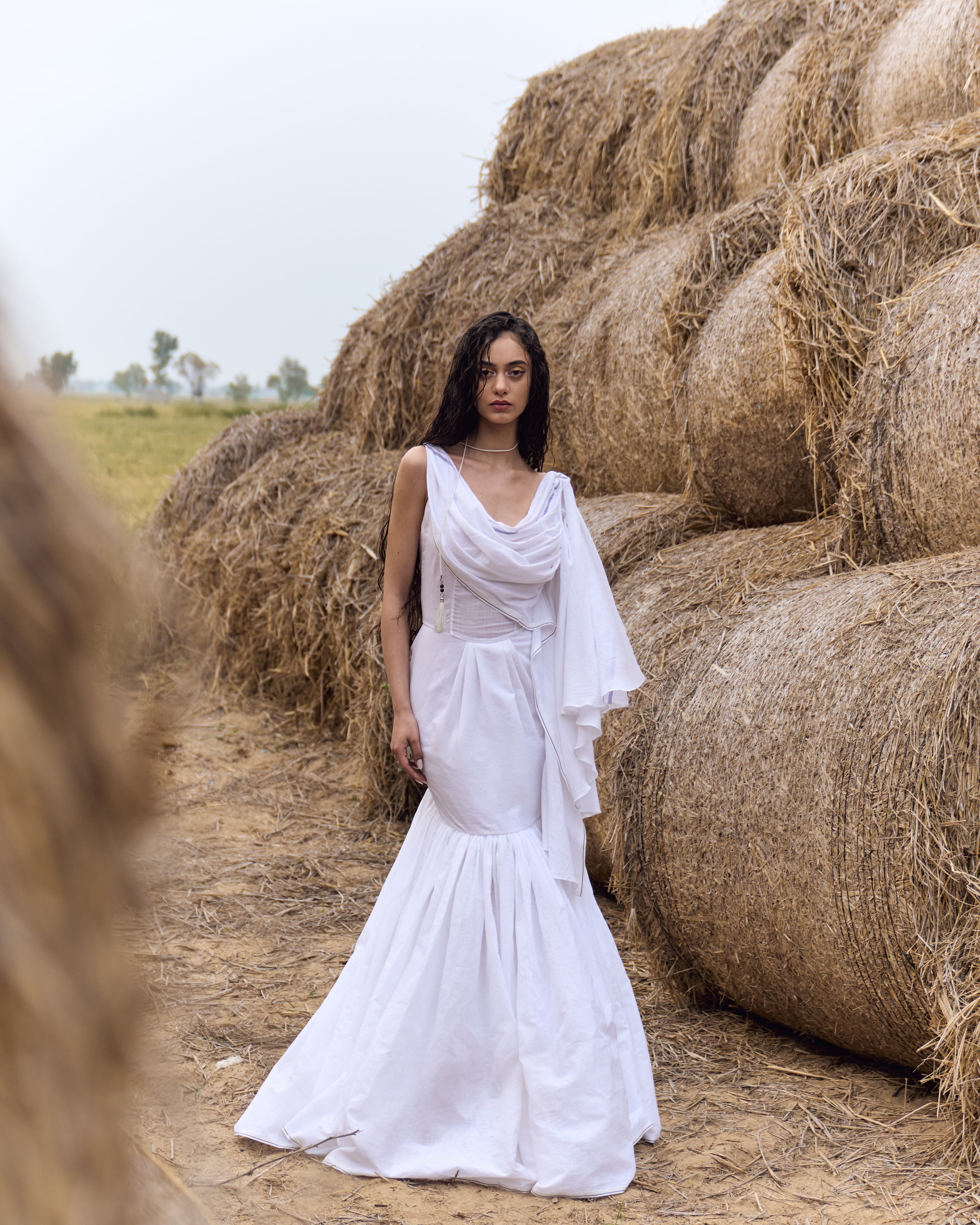 White Handwoven Khadi Cotton Dhoti Draped Dress