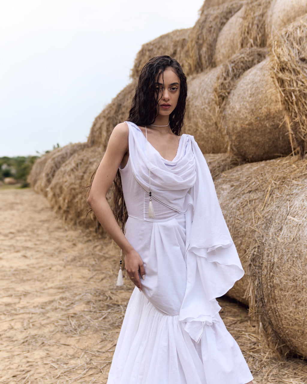 White Handwoven Khadi Cotton Dhoti Draped Dress