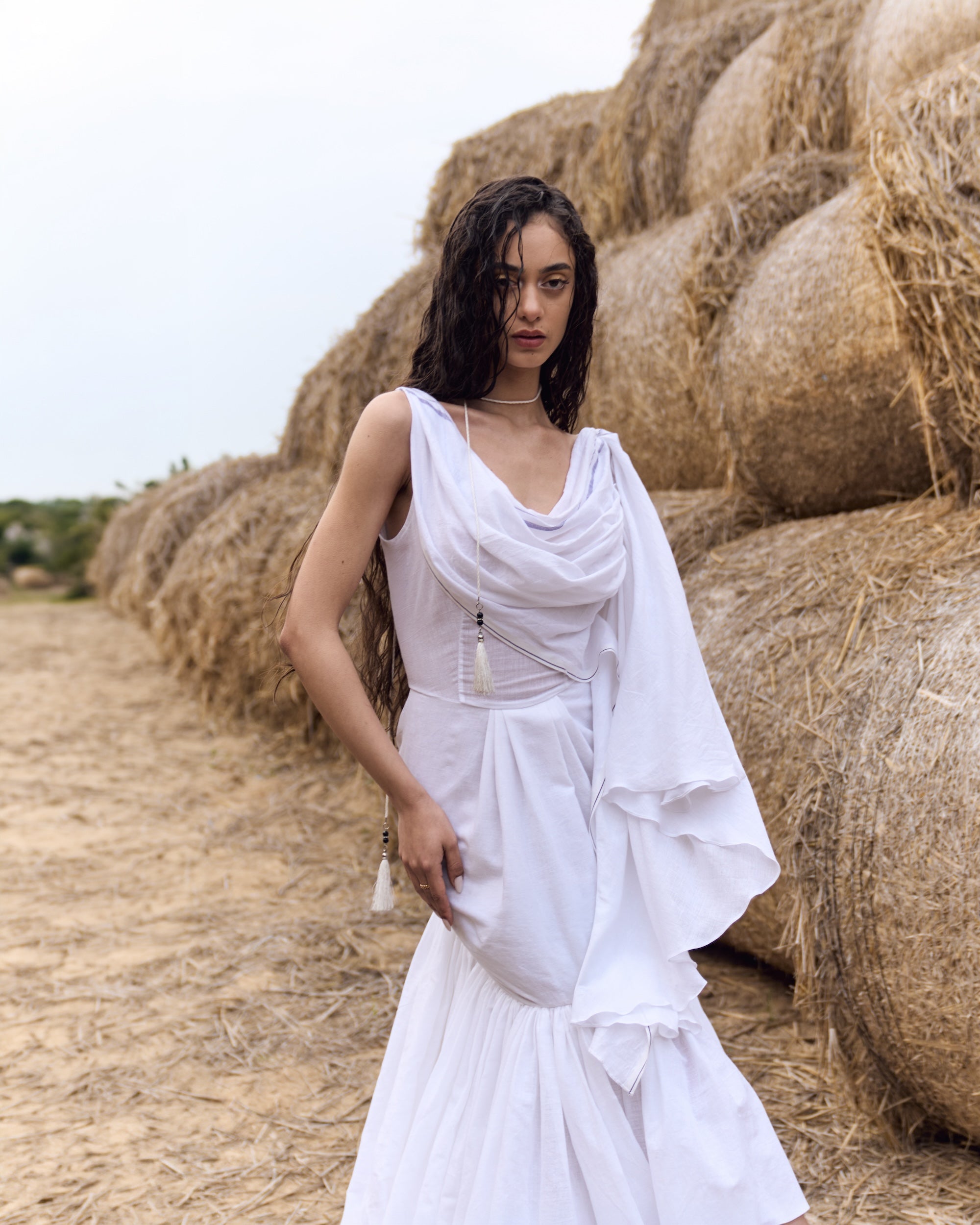 White Handwoven Khadi Cotton Dhoti Draped Dress