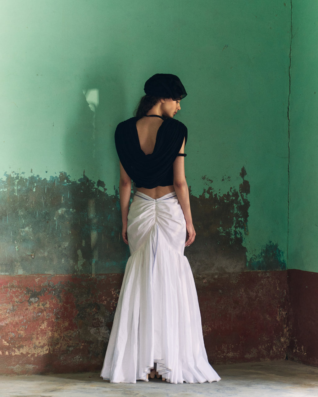 White Gathered Handwoven Cotton Dhoti Maxi Skirt  and Black Draped Chiffon Top