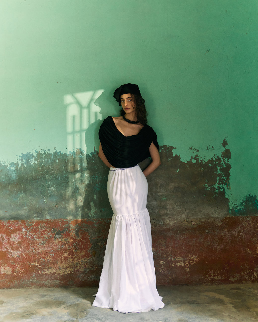 White Gathered Handwoven Cotton Dhoti Maxi Skirt  and Black Draped Chiffon Top