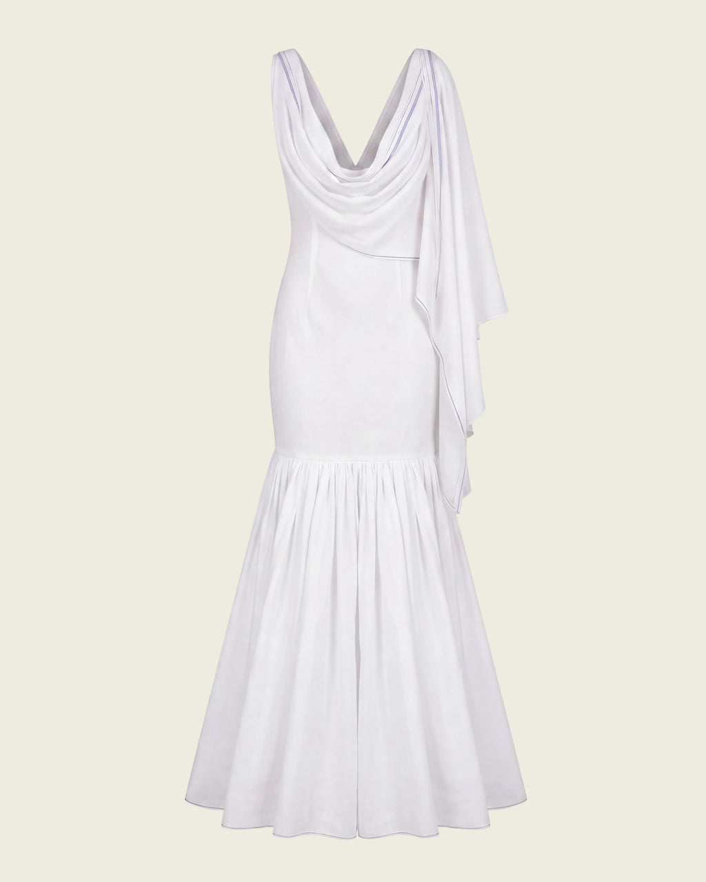 A white sleeveless maxi dress with a draped cowl neckline, a fitted bodice, and a flared skirt, shown against a plain white background.