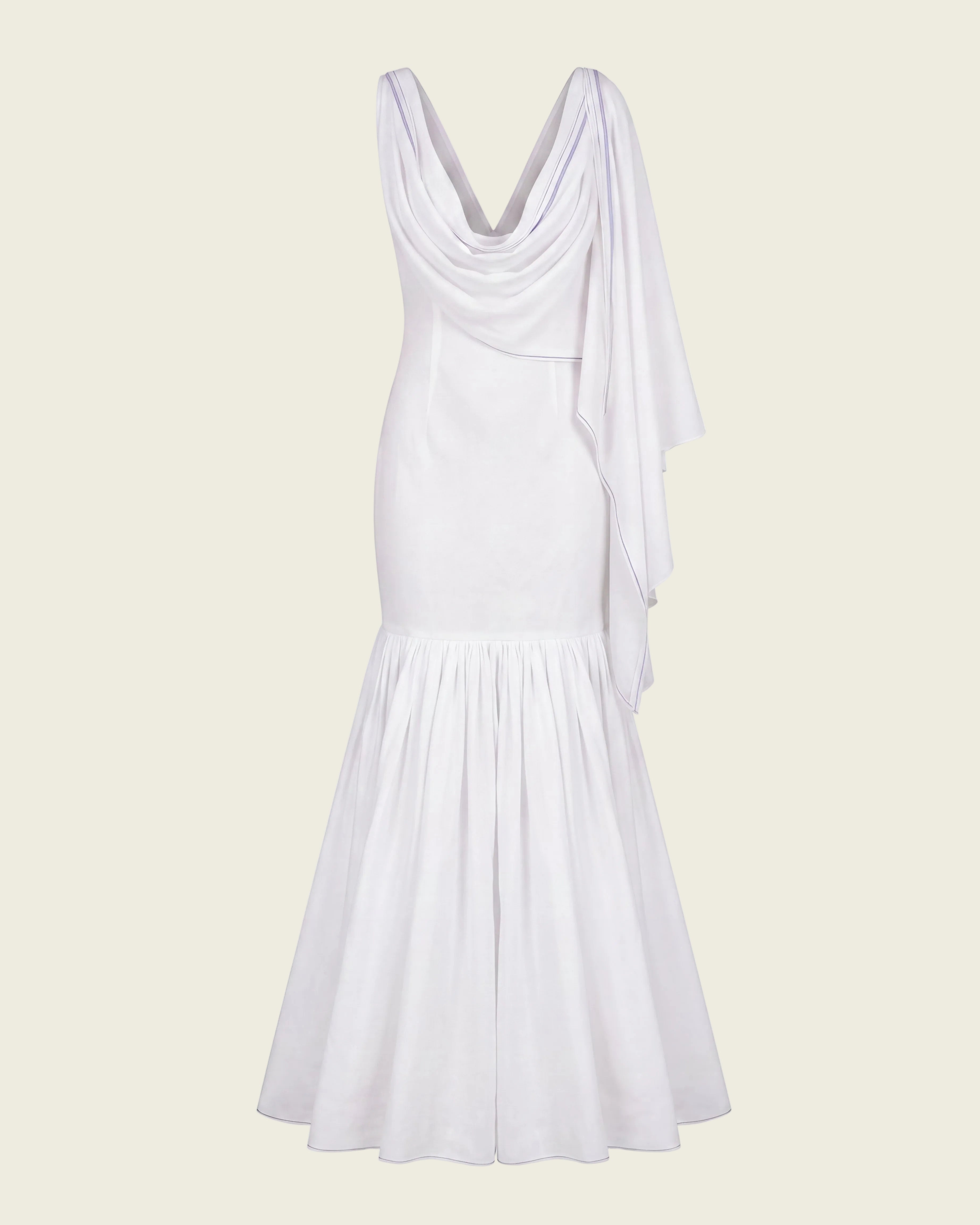 A white sleeveless maxi dress with a draped cowl neckline, a fitted bodice, and a flared skirt, shown against a plain white background.