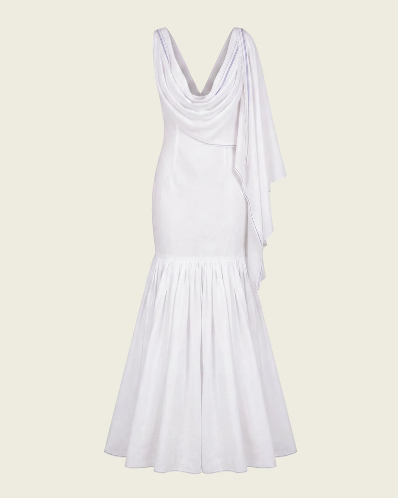 A white sleeveless maxi dress with a draped cowl neckline, a fitted bodice, and a flared skirt, shown against a plain white background.