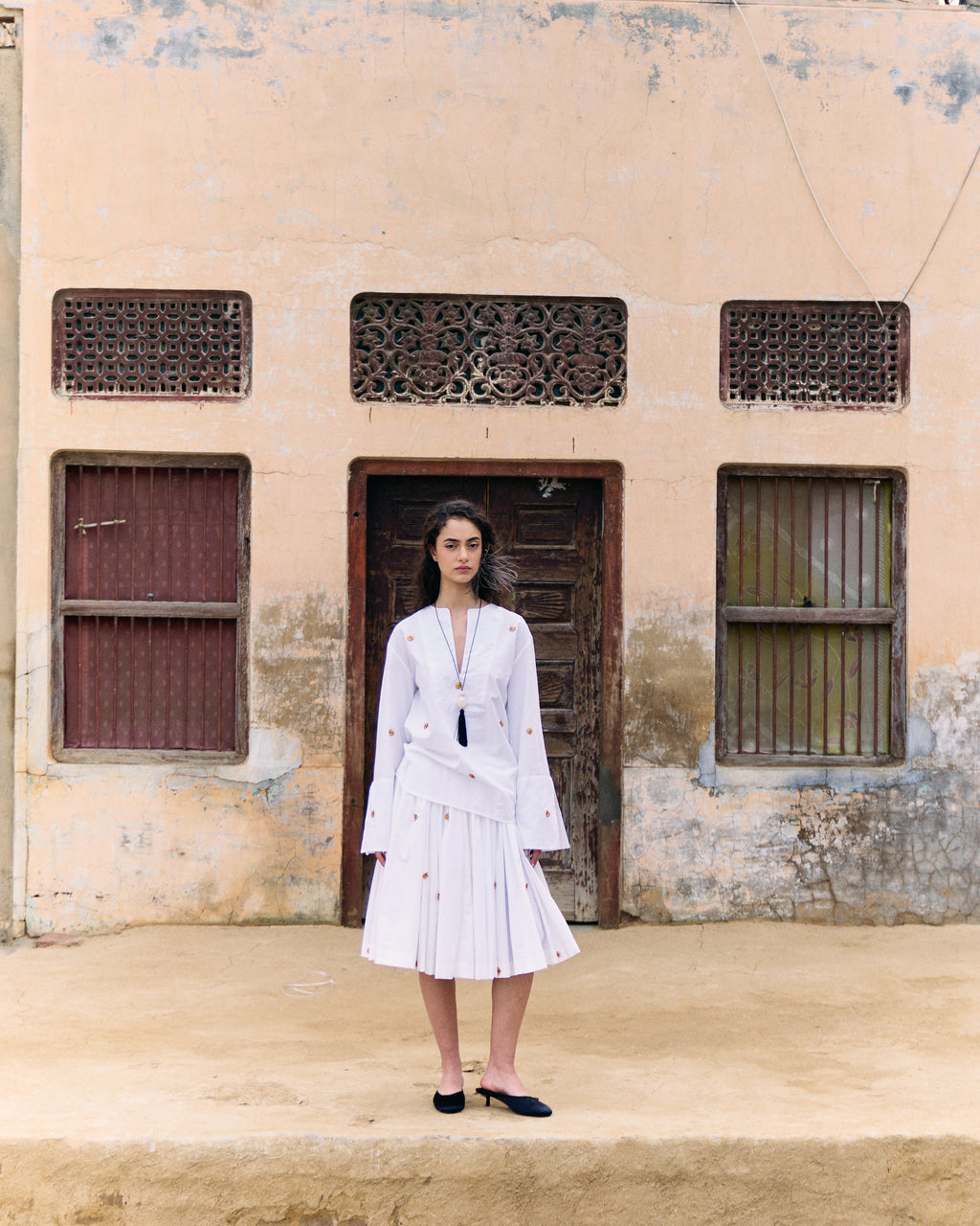White pleated handwoven cotton skirt  and White handwoven cotton top